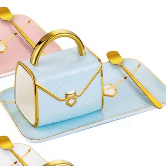 Light Blue Quilted Ceramic Purse Coffee Mug & Dish - Picture 7 of 7